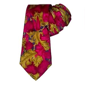 Italian silk tie by Martelli, Firenze, brown pink floral & berry theme, 59”